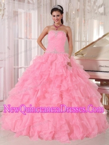 Luxurious Baby Pink Ball Gown Strapless Floor-length Organza Beading Quinceanera Dresses