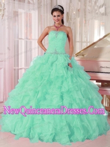 Perfect Aqua Blue Ball Gown Strapless Ruching Organza Beading Quinceanera Dress