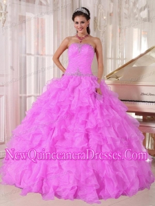 Popular Ball Gown Strapless Ruffles Organza Beading Pink Quinceanera Dress
