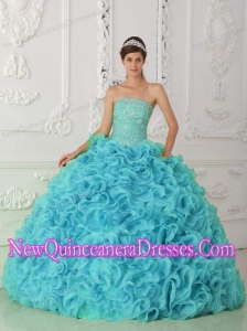 Strapless Organza Beading Ball Gown Discount Quinceanera Dresses in Blue