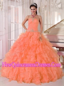 Orange Ball Gown Strapless Organza Puffy Sweet 16 Gowns with Beading and Ruffles