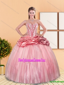 Beautiful 2015 Beading and Pick Ups Sweetheart Quinceanera Dresses in Rose Pink
