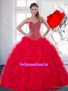 2014 Elegant Sweetheart Red Quinceanera Dress with Beading and Ruffles