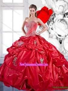 2015 Custom Made Beading and Appliques Red Quinceanera Dresses with Brush Train and Pick Ups