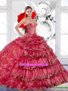 2015 New Style Appliques and Ruffles Quinceanera Dress in Coral Red