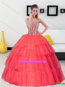 Fashionable Beading and Ruffled Layers Sweetheart Coral Red Quinceanera Dresses for 2015