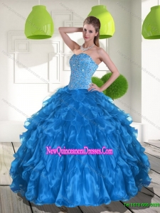 2015 Fashionable Blue Quinceanera Dress with Ruffles and Beading