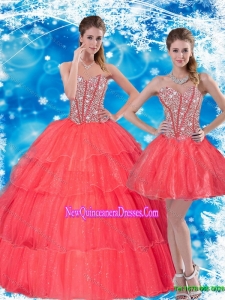 2015 Luxurious Beading and Ruffled Layers Sweetheart Quinceanera Dresses in Coral Red