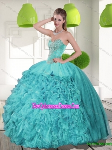 Fashionable Beading and Ruffles Strapless Aqua Blue Quinceanera Dresses for 2015