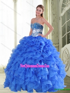 Fashionable Beading and Ruffles Sweetheart Blue Quinceanera Gown for 2015 Spring