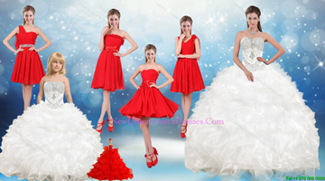 2015 Ruffles and Beading White Sweet 16 Dresses and Red Short Dama Dresses and Ruffles White Little Girl Dress