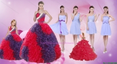 Elegant Multi Color Floor Length Quinceanera Dress and Ruching Short Dama Dresses and Multi Color Halter Top Little Girl Dress