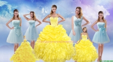 Yellow Sweetheart Rufflers Beading Quinceanera Dress and Bownot Short Prom Dresses and Yellow Spaghetti Straps Beading Pageant Dresses for Little Girl