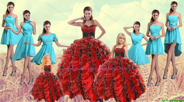 Multi Color Sweetheart Ruffles Quinceanera Dress and Baby Blue Short Dama Dresses and Multi Color Straps Beading Little Girl Dress
