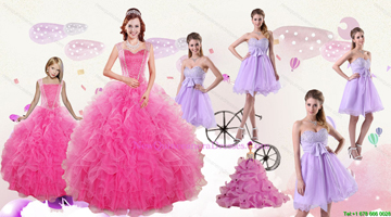 Popular Beading and Ruffles Quinceanera Dress and Bownot and Beading Short Dama Dresses and Pink Floor Length Little Girl Dress