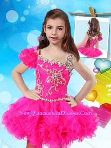 Beautiful Beaded and Ruffled Little Girl Pageant Dress with Asymmetrical Neckline