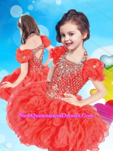 Inexpensive Halter Top Short Little Girl Pageant Dress with Beading and Ruffles