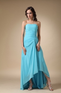 Aqua Blue A-line Strapless Asymmetrical Chiffon and Elastic Wove Satin Ruch Dama Dress