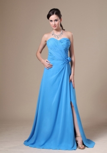 Teal High Slit Sweetheart Neckline Ruch and Flowers Decorate Quinceanera Dama Dresses