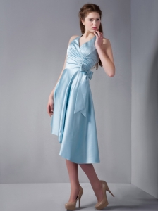 Aqua Blue A-line Halter Asymmetrical Elastic Woven Satin Ruch Dama Dresses for Quinceanera