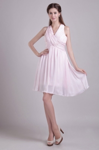 Baby Pink Empire V-neck Short Chiffon Ruch Dama Dresses for Quinceanera