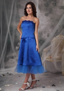 Blue A-Line/Princess Strapless Tea-length Taffeta Sashes/Ribbons Dama Dresses