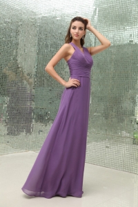 Empire Chiffon Purple V-neck Dama Dress Ruched Floor-length