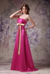 Hot Pink Column Strapless Brush Train Satin Ruch and Bows Quinceanera Dama Dresses