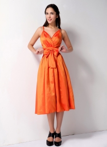 Orange A-line Spaghetti Straps Tea-length Taffeta Bow Dama Dress