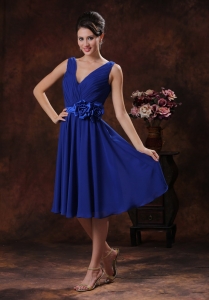 Royal Blue V-neck Bridesmaid dresses With Flowers and Ruch Dama Dress