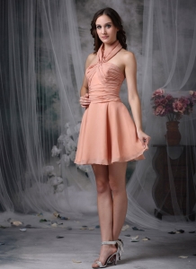 Rust Red A-line Halter Mini-length Chiffon Ruch Dama Dresses for Quinceanera