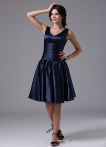 V-neck Empire and Ruch For Navy Blue Dama Dresses for Quinceanera