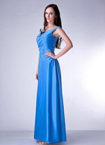 Blue Cloumn V-neck Ankle-length Taffeta Ruch Dama Dress