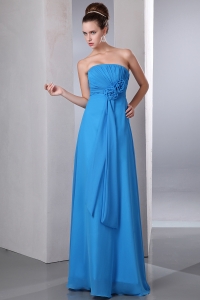 Blue Empire Strapless Floor-length Chiffon Hand Made Flower and Ruch Dama Dresses for Quinceanera