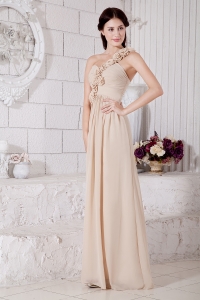 Champagne Empire One Shoulder Floor-length Chiffon Hand Made Flowers Dama Dresses for Quinceanera