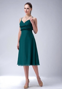 Dark Green Empire Spaghetti Straps Tea-length Chiffon Appliques Dama Dress