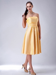 Gold Empire Strapless Tea-length Satin Bow Dama Dresses for Quinceanera