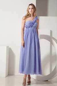Lilac A-line One Shoulder Ankle-length Chiffon Hand Made Flowers Dama Dresses for Quinceanera