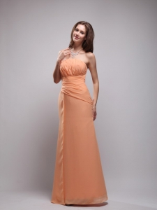 Orange Strapless Floor-length Chiffon Ruch Quinceanera Dama Dresses