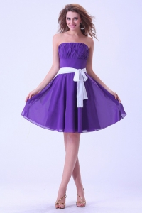 Purple Dama Dress With White Sash Chiffon Knee-length