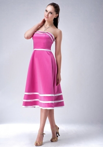 Rose Pink and White A-line / Princess StraplessTea-length Satin Dama Dress