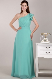 Turquoise Column / Sheath One Shoulder Floor-length Chiffon Ruch Quinceanera Dama Dresses