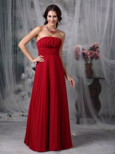 Wine Red Empire Strapless Floor-length Chiffon Ruch Quinceanera Dama Dresses