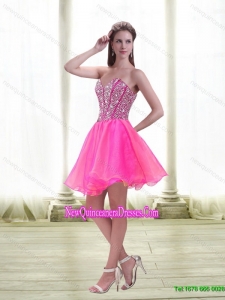Popular A Line Beading 2015 Dama Dresses in Hot Pink