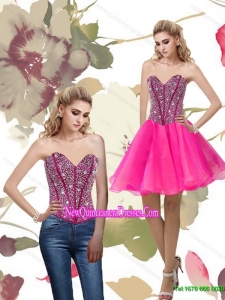 2015 Cheap A Line Hot Pink Dama Dresses with Beading