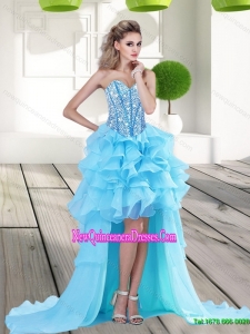 2015 Modest Aqua Blue High Low Dama Dresses with Beading and Ruffles