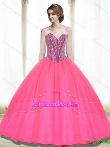 2015 Elegant Ball Gown Beading Sweetheart Hot Pink Quinceanera Dresses