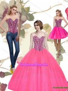 2015 Fashionable Beading Sweetheart Tulle Hot Pink Quinceanera Dresses