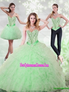 2015 Luxurious Beading and Ruffles Sweetheart Quinceanera Dresses in Apple Green