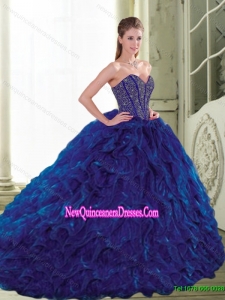 Luxurious 2015 Sweetheart Beading and Ruffles Navy Blue Quinceanera Dresses